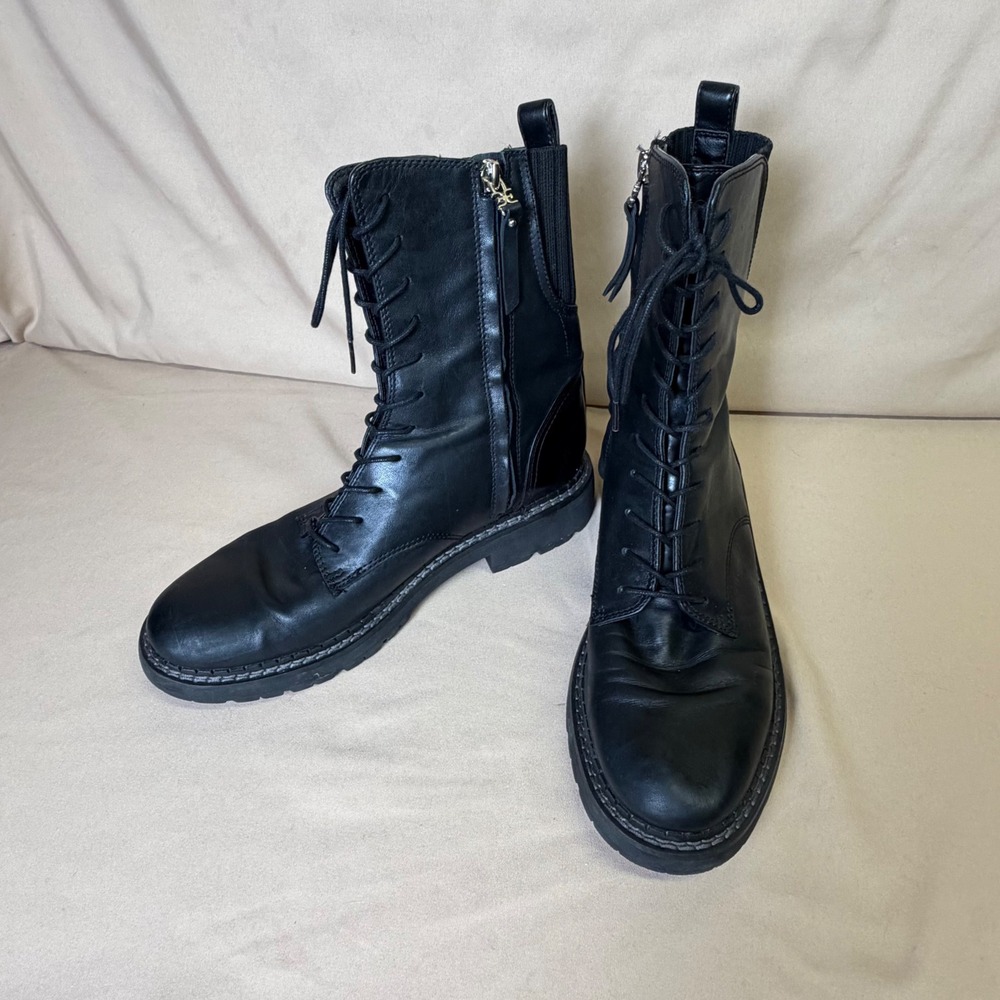 Sam Edelman Black Leather Combat Boots Lace Up Side Zip Lug Sole Size 7.5